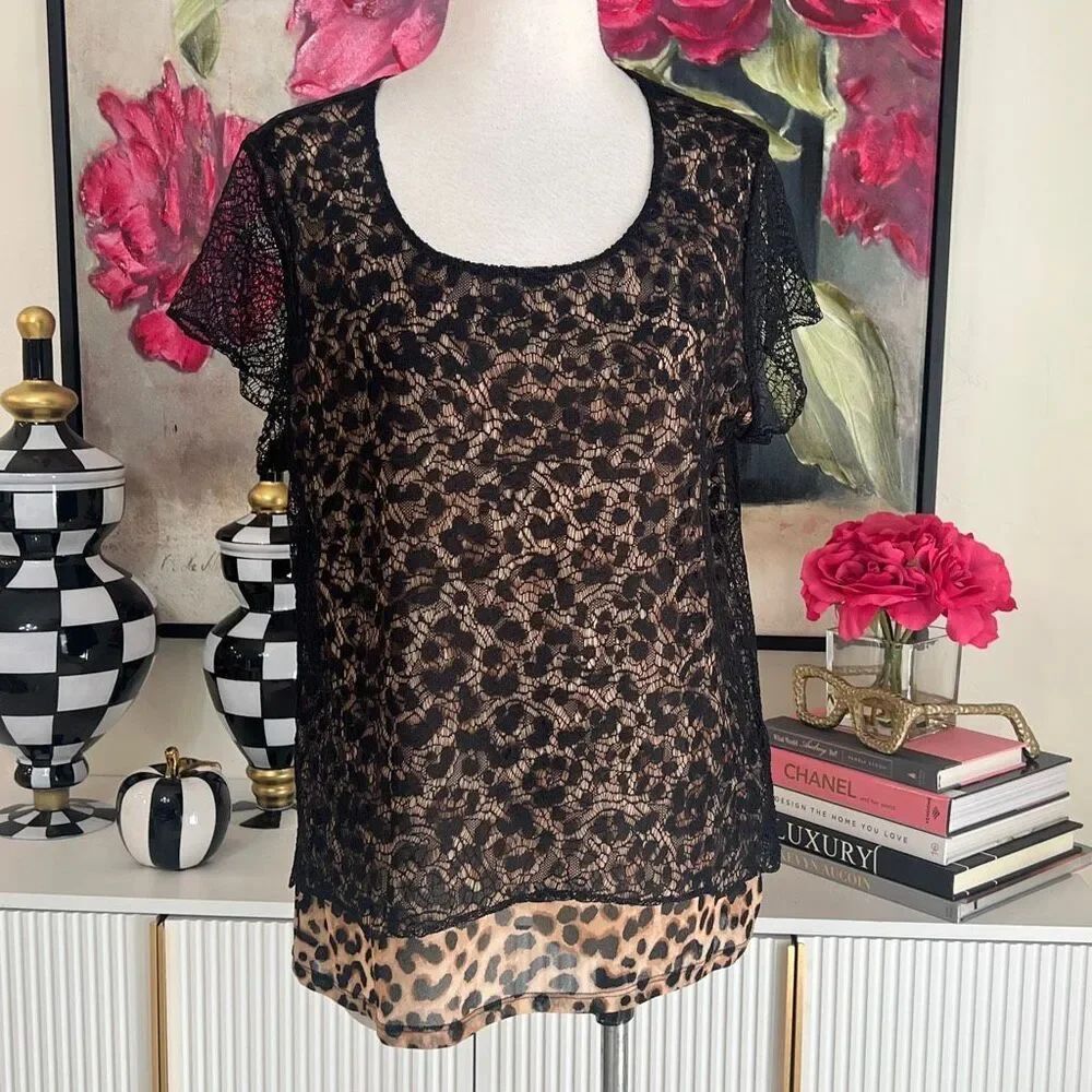 Chico's Women's Leopard Print Surprise Sheer Lace Overlay Top Black Tan 2/Large